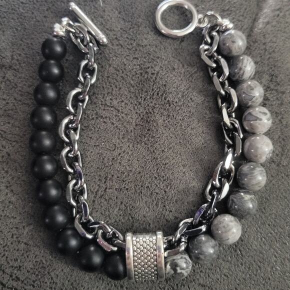 howlite and onyx layered chain and gemstone beaded bracelet - Picture 1 of 3